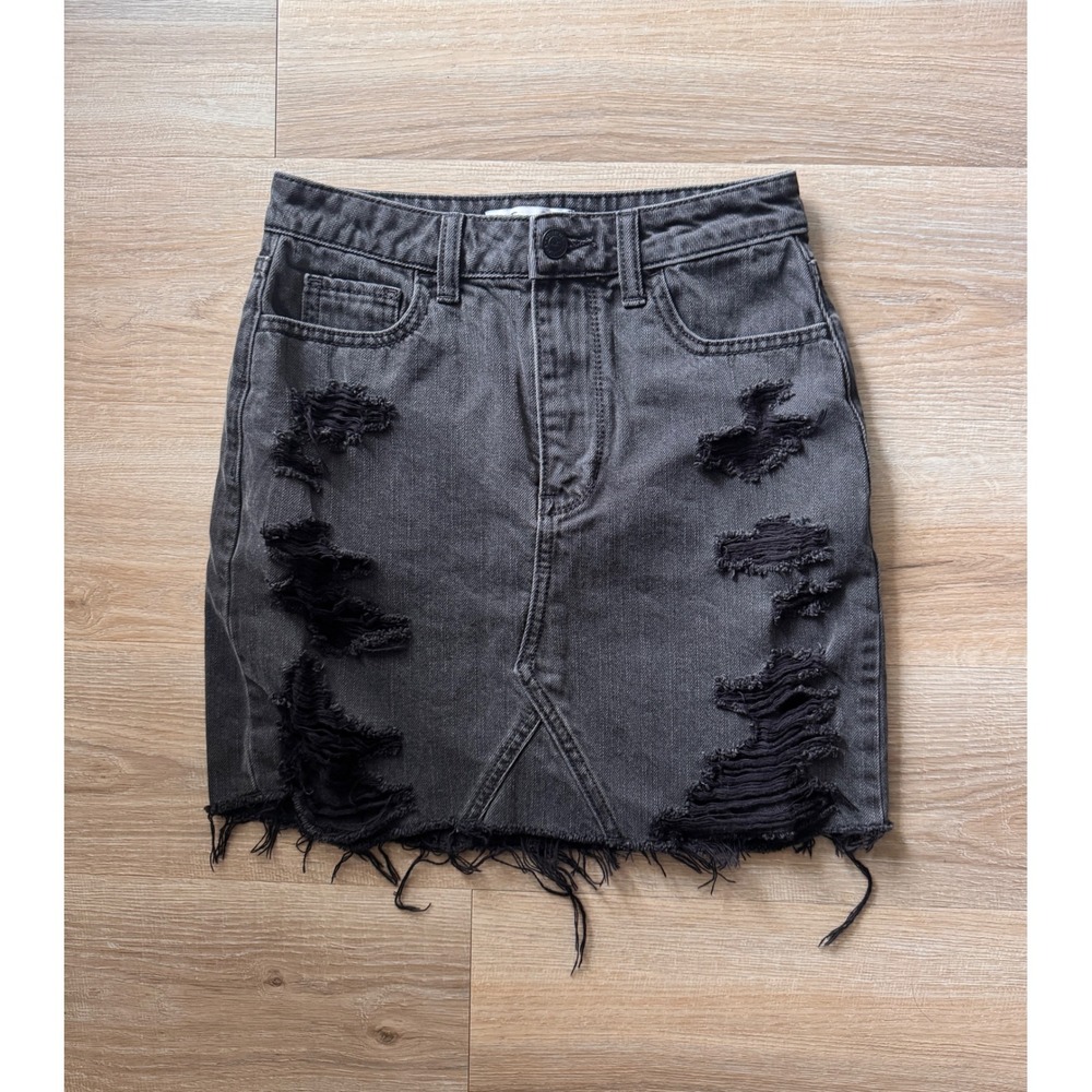 Hollister Ultra High Rise Distressed Denim Mini Skirt Black Gray Size 0